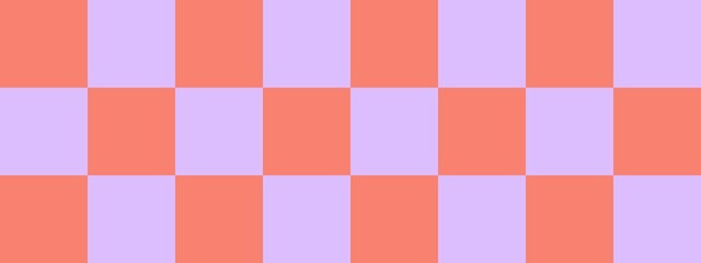 Checkerboard banner. Lavender and Salmon colors of checkerboard. Big squares, big cells. Chessboard, checkerboard texture. Squares pattern. Background.