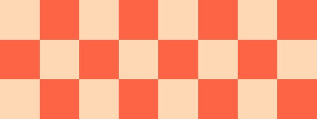 Checkerboard banner. Tomato and Apricot colors of checkerboard. Big squares, big cells. Chessboard, checkerboard texture. Squares pattern. Background.