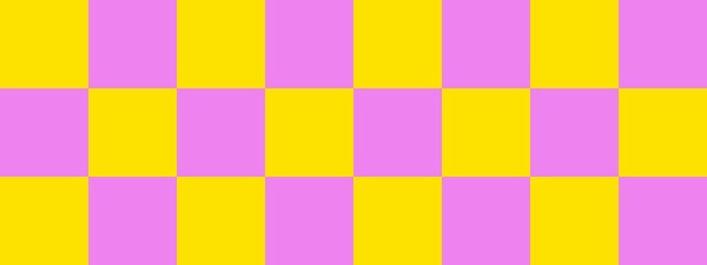 Checkerboard banner. Violet and Yellow colors of checkerboard. Big squares, big cells. Chessboard, checkerboard texture. Squares pattern. Background.