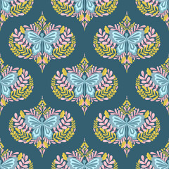 Butterfly and plant seamless pattern.Simple flat cute element insect.Cute cartoon design.