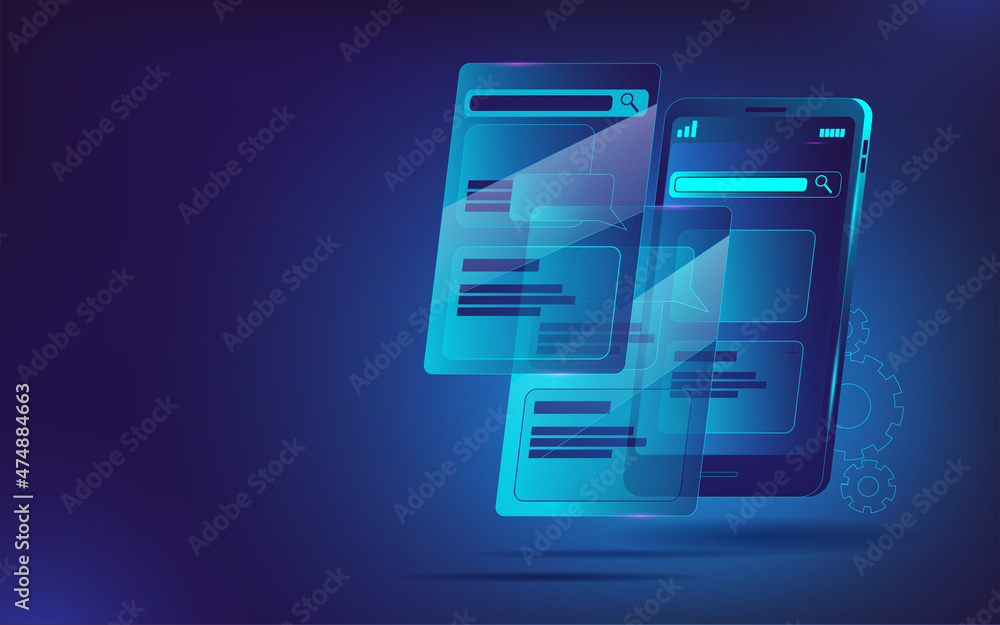 Aufkleber a smartphone in front of which several screen options are flying. illustration in neon colors on the