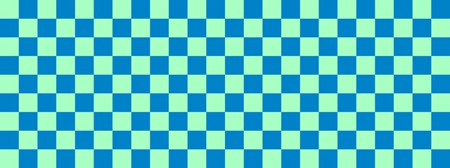 Checkerboard banner. Blue and Mint colors of checkerboard. Small squares, small cells. Chessboard, checkerboard texture. Squares pattern. Background.