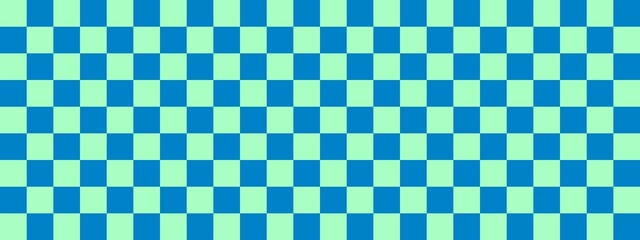 Checkerboard banner. Blue and Mint colors of checkerboard. Small squares, small cells. Chessboard, checkerboard texture. Squares pattern. Background.
