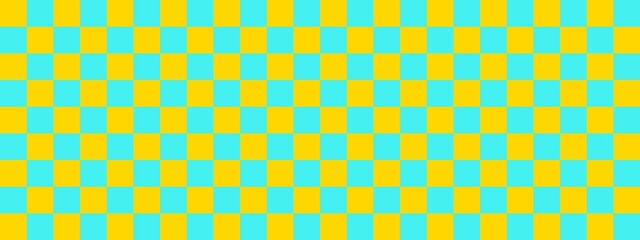 Checkerboard banner. Cyan and Gold colors of checkerboard. Small squares, small cells. Chessboard, checkerboard texture. Squares pattern. Background.