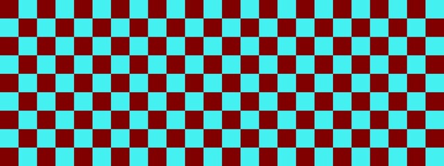 Checkerboard banner. Cyan and Maroon colors of checkerboard. Small squares, small cells. Chessboard, checkerboard texture. Squares pattern. Background.