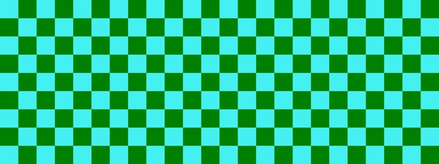 Checkerboard banner. Green and Cyan colors of checkerboard. Small squares, small cells. Chessboard, checkerboard texture. Squares pattern. Background.