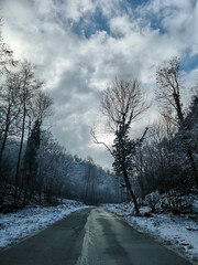 Fototapeta premium Cloudy road high in the mountains while snow storm. Dangerous mountain road with grey cloudy sky.