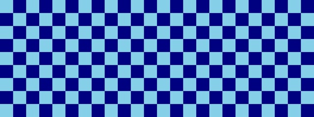 Checkerboard banner. Navy and Sky blue colors of checkerboard. Small squares, small cells. Chessboard, checkerboard texture. Squares pattern. Background.