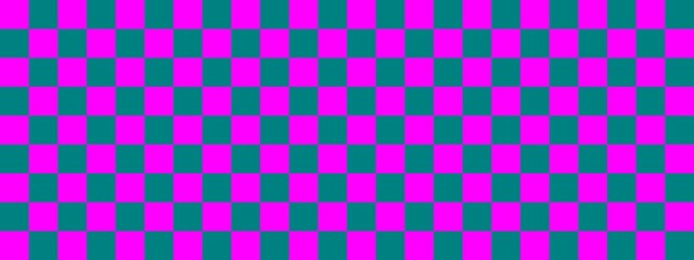 Checkerboard banner. Teal and Magenta colors of checkerboard. Small squares, small cells. Chessboard, checkerboard texture. Squares pattern. Background.