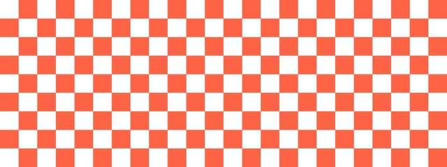 Checkerboard banner. Tomato and White colors of checkerboard. Small squares, small cells. Chessboard, checkerboard texture. Squares pattern. Background.