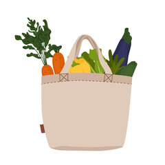 Cloth or tote shopping bag with vegetables for eco friendly living. No plastic bags. Zero waste concept shopper. Vector illustration for banner, card, poster