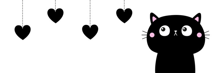 Happy Valentines Day. Cat looking up to hanging black hearts. Dash line. Line banner. Heart set. Cute cartoon character. Kawaii animal. Love Greeting card. Flat design. White background.