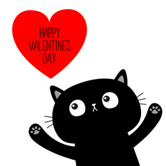Happy Valentines Day. Black cat looking up to big red heart. Heart set. Cute cartoon character. Kawaii animal. Love Greeting card. Flat design. White background. Isolated.