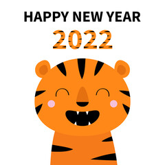 Happy New Year 2022. Cute tiger. Cartoon kawaii funny smiling character. Baby animal collection. Childish print for nursery, kids apparel, poster, postcard. Jungle cat. Flat design. White background.