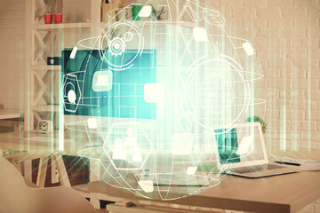 Double exposure of social network theme drawing and office interior background. Concept of web.
