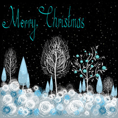  Merry Christmas and New Year banner, greeting card, poster, holiday cover.Illustration of a winter landscape.