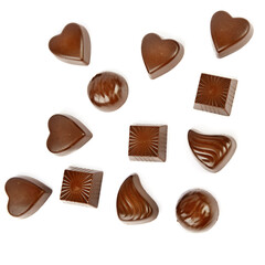 Chocolate praline candies isolated on white .