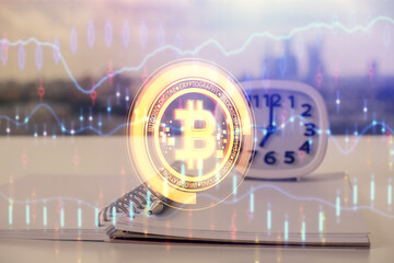 Double exposure of blockchain theme drawings and desk with open notebook background. Concept of...