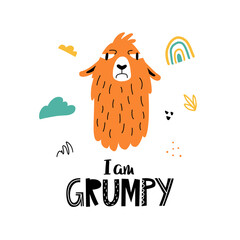 Funny llama or alpaca face poster with cute lettering in hand drawn style. Perfect for t-shirt, apparel, cards, poster, nursery decoration. Isolated on white background vector illustration © Tatiana