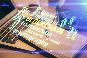 Double exposure of crypto technology drawing and desktop with coffee and items on table background. Concept of blockchain
