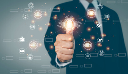 Businessman touching virtual screen to scan fingerprints, digital transformation management concept. Internet of Things, Big Data and Business Processes, Automation, Storage Systems, Cloud Computing.