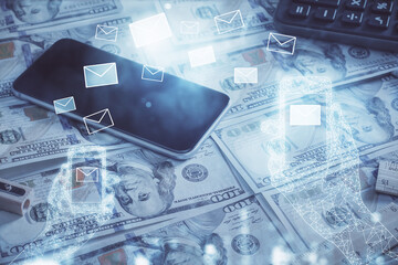 Double exposure of E-mail envelop drawing over usa dollars bill background. Concept of connection.