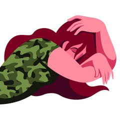 vector illustration of a woman soldier lies in depression. headaches, depression, PTSD, war veteran, problems, loneliness. useful for psychologists and psychiatrists, posters, veteran reintegration.