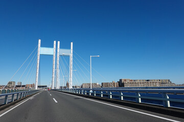 晴れ渡った多摩川に架かる白い是政橋（東京都府中市～稲城市）