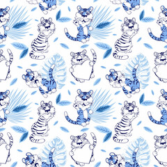 Childish seamless pattern with hand-drawn blue tigers, with a cute tiger in different situations, on a background of tropical leaves. Perfect for baby clothes, fabric, textiles, baby jewelry, prints