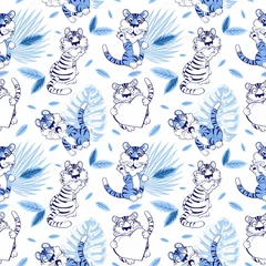 Tapeten Kindisches, nahtloses Muster mit handgezeichneten blauen Tigern, mit einem niedlichen Tiger in verschiedenen Situationen, auf einem Hintergrund tropischer Blätter. Perfekt für Babykleidung, Stoffe, Textilien, Babyschmuck, Drucke © Marina_Eisymont