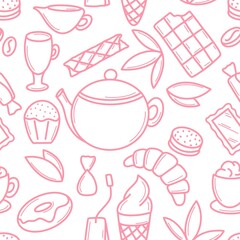 Tea party with sweets seamless pattern in doodle style. Background with pastries, coffee and tea vector illustration. Template with food for wallpaper, packaging, bamagi and design