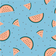 Watermelon seamless pattern.  Water melon slices on blue background with seeds. Vector illustration.