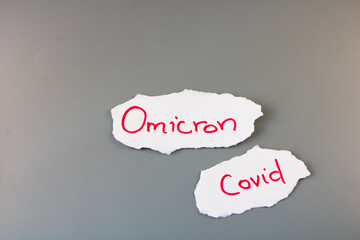 Handwritten note with words: Omicron and Covid isolated on grey background with copy space