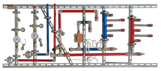connections of water pipes with valves and pressure sensors