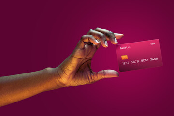 Close up african american female hand hold levitating mockup Bank credit card with online service...