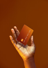 African american female hand holds levitating template Bank credit card with online service on...