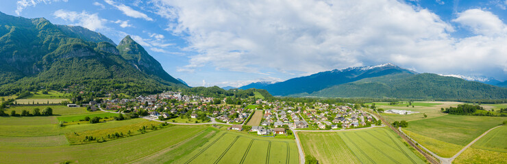 Fototapeta na wymiar The panoramic view of the city of Gresy sur Isere in Europe, France, Isere, the Alps, in summer, on a sunny day.