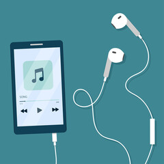 White mobile phone with wired headphones. Phone screen with open media player. Smartphone music player user interface concept. Vector illustration in flat cartoon style.