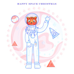 A vector tiger in space dressed in astronaut helmet and clothes, a funny Christmas card imaging an astronaut tiger located somewhere in space on a planet decorated by tiger traces, rocket and pyramids