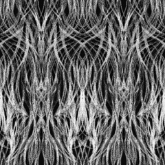 Seamless pattern with a gothic symmetrical ornament drawn with a white pencil on a black background. Vertical plastic lines drawn like chalk on a blackboard for Halloween or historical backgrounds