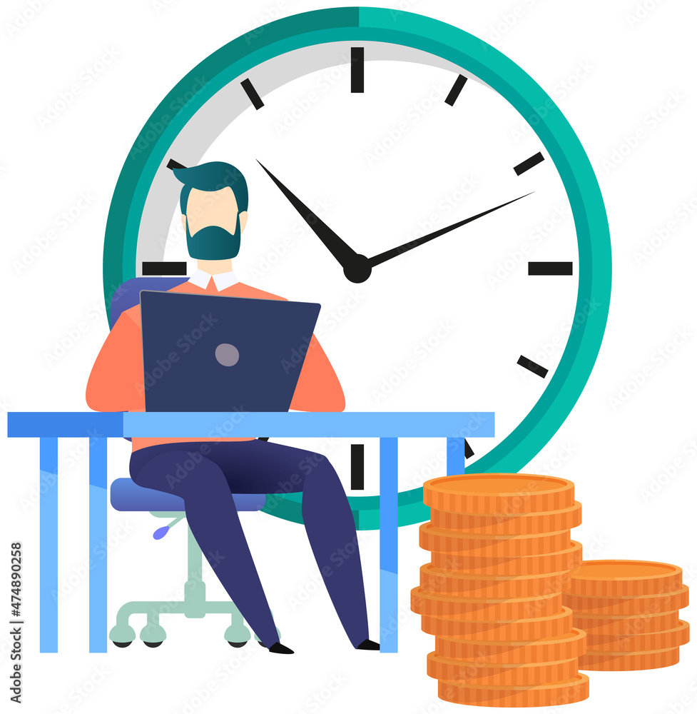 Poster man working on laptop computer near huge clock and stack of coins. idea of time management, planning