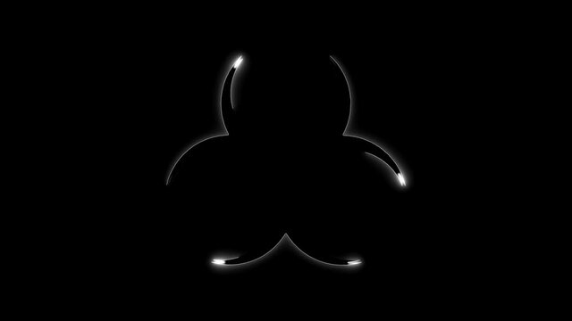 Black with white glowing outline biohazard sign on black background in slow emergence from darkness