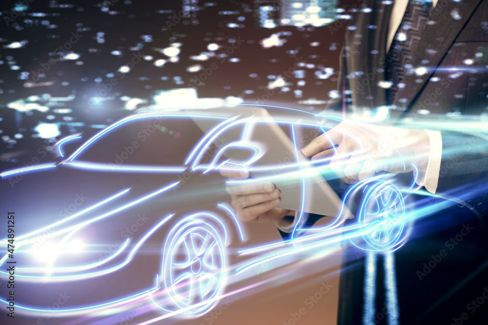 Poster double exposure of man's hands holding and using a digital device and automobile theme hologram draw