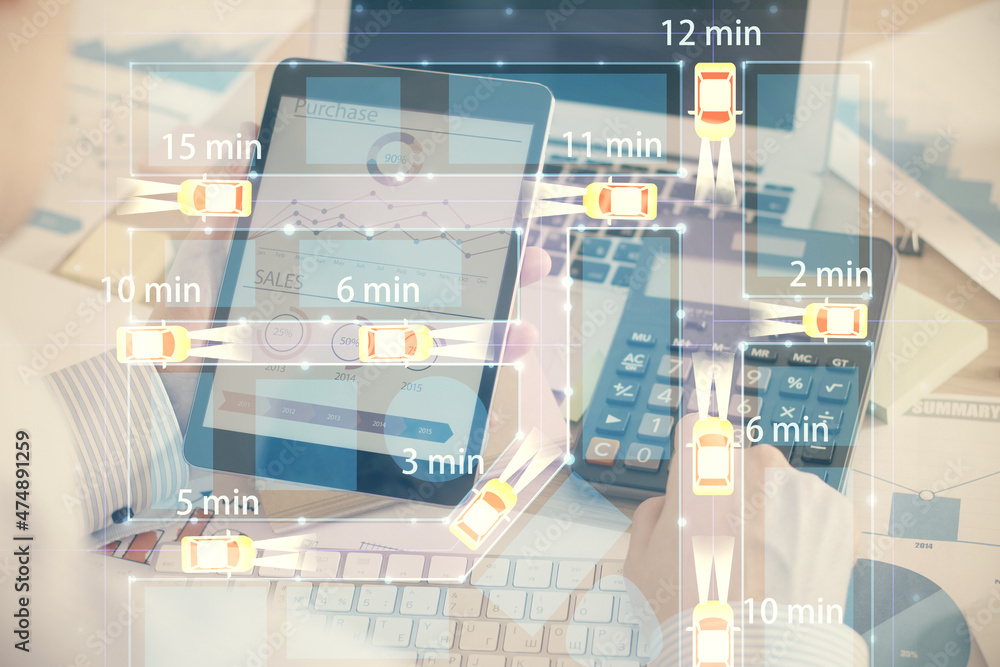 Poster double exposure of man's hands holding and using a digital device and automobile theme hologram draw