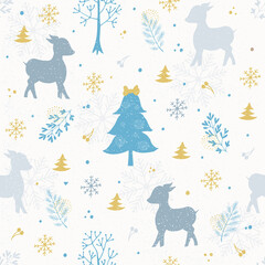 Seamless Pattern with a New Year theme:trees,trees, twigs, deer silhouette, berries. Suitable for the design of holiday packaging,clothing,postcards. Vector illustration
