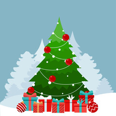 Decorated Christmas tree. Merry Christmas and Happy New Year background. Vector illustration.