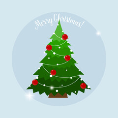 Christmas tree and Christmas decorations. Merry Christmas and Happy New Year background. Vector illustration.