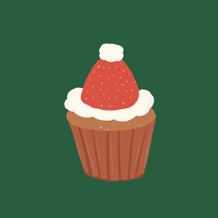 Isolated hand drawn Christmas strawberry cupcake artwork