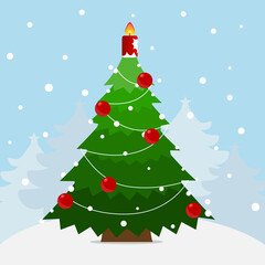 Christmas tree and Christmas decorations. Merry Christmas and Happy New Year background. Vector illustration.