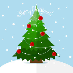 Christmas tree and Christmas decorations. Merry Christmas and Happy New Year background. Vector illustration.